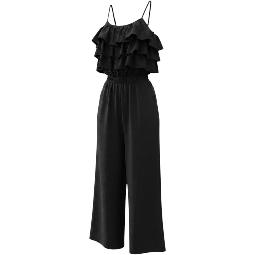 Paper Tee Women's Black Ruffle Top Wide-Leg Silhouette Jumpsuit Size Small